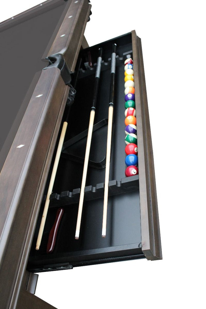 Open drawer of Elias Pool table showing cues and balls