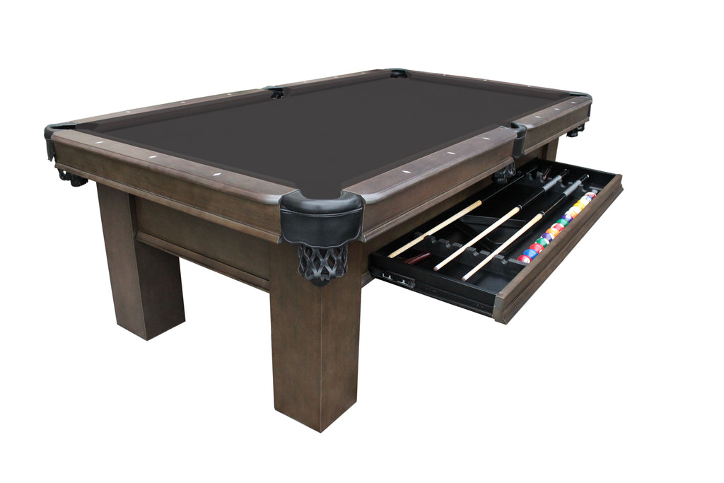 Elias pool table with drawer open and black felt and pockets