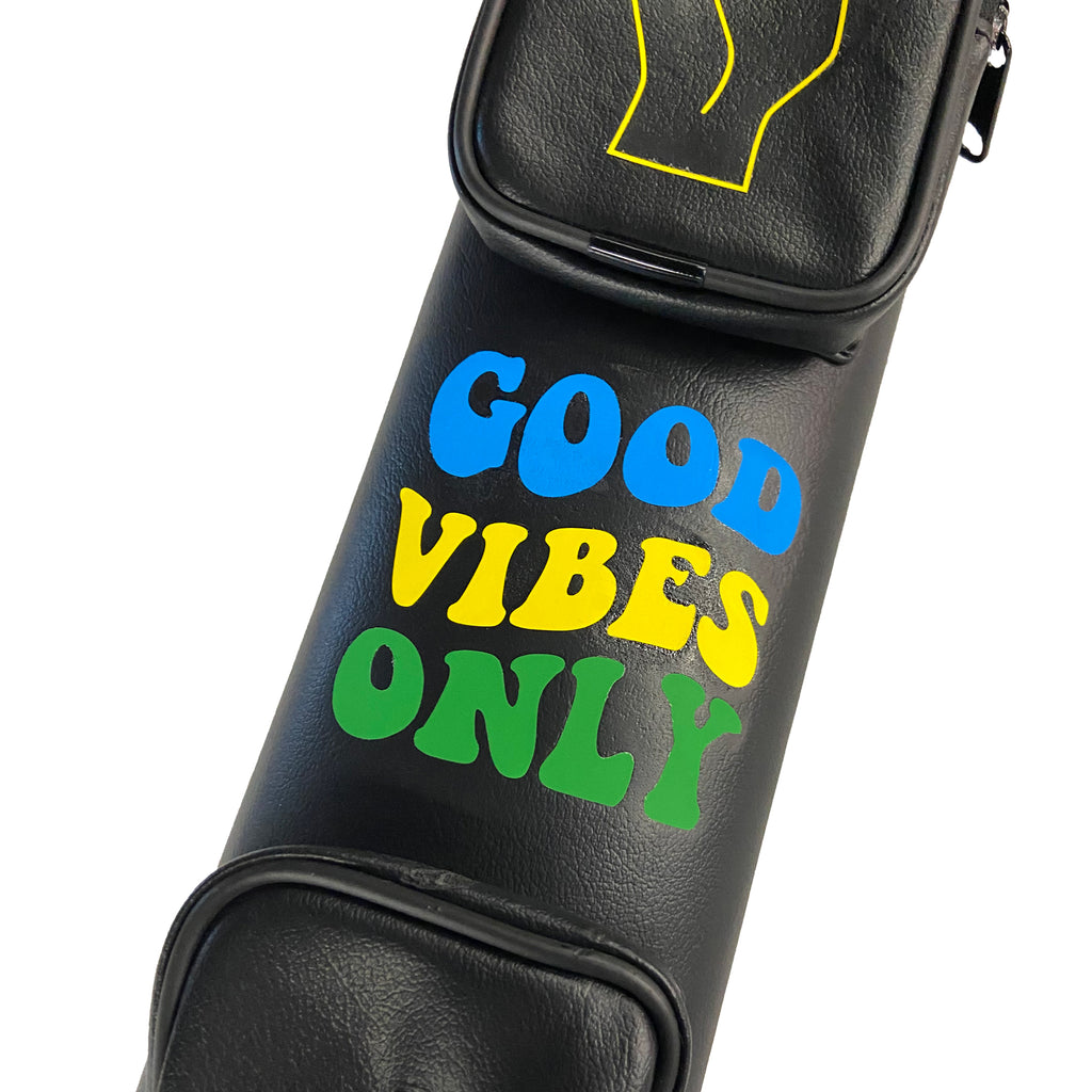 Black cue case with Good Vibes Only written in blue, yellow, and green and a yellow