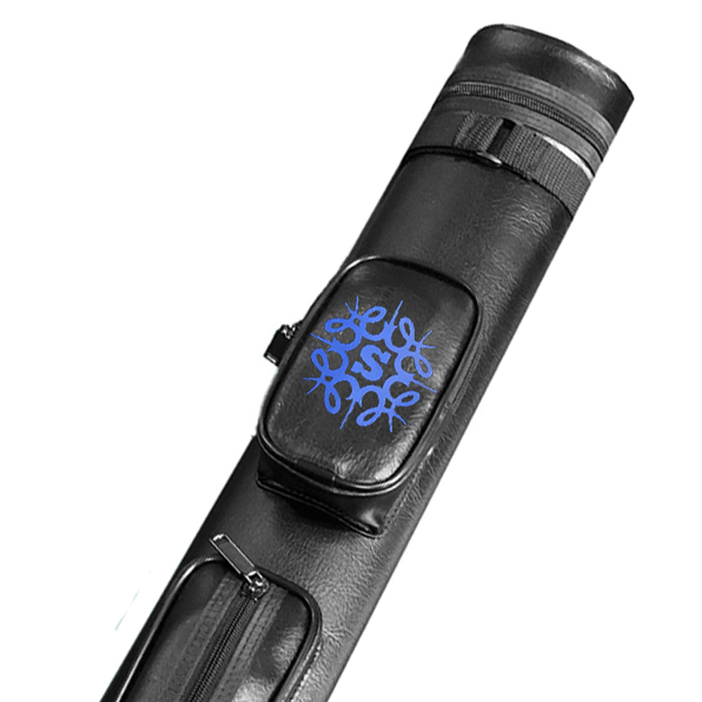 Pool cue case black with blue monogram S initial on pocket