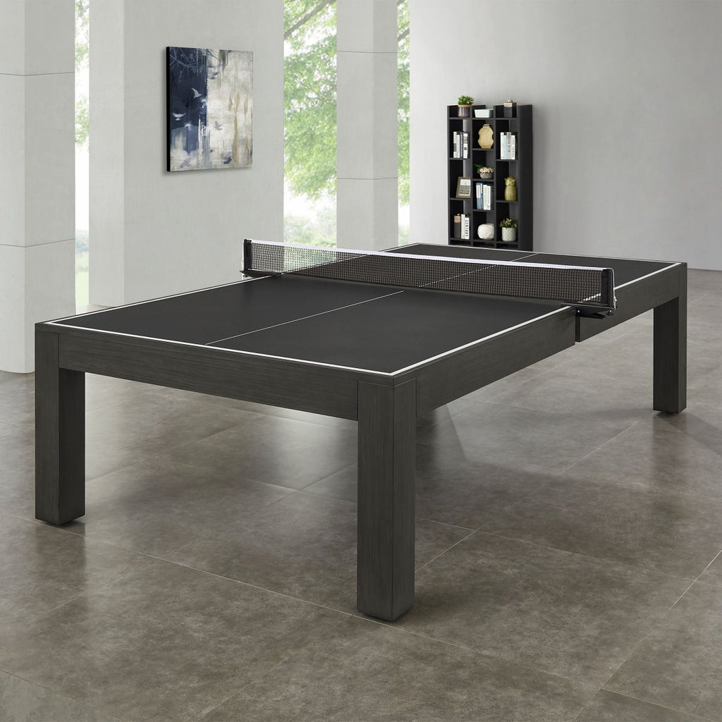 penelope table in grey kona finish and black table top end view