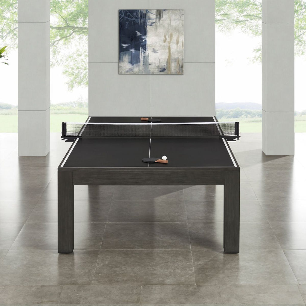 penelope table in grey kona finish and black table top end view