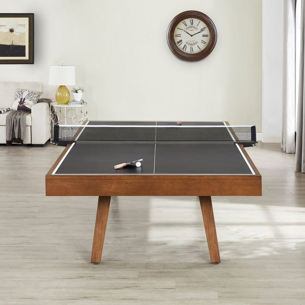 oslo table tennis black top and whiskey finish with 4 individual wood legs from end in room