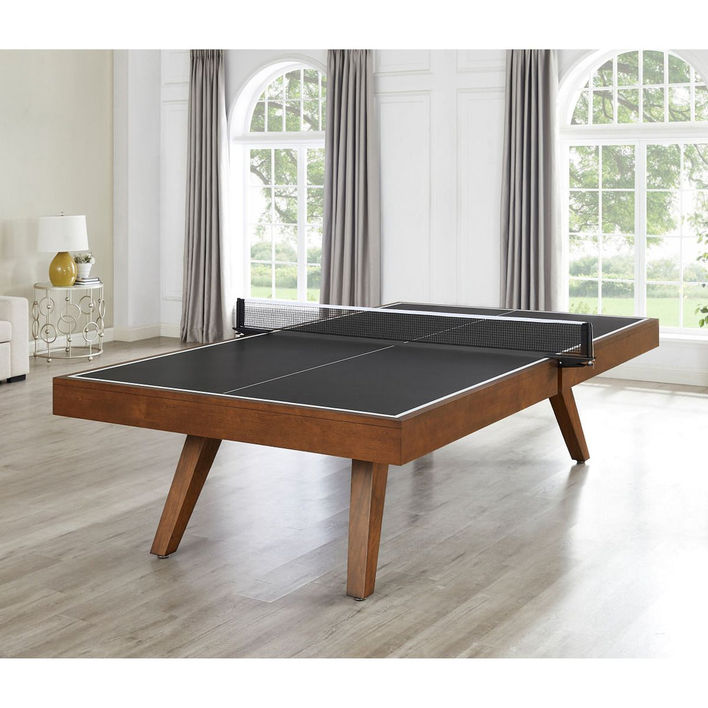 oslo table tennis black top and whiskey finish with 4 individual wood legs side view