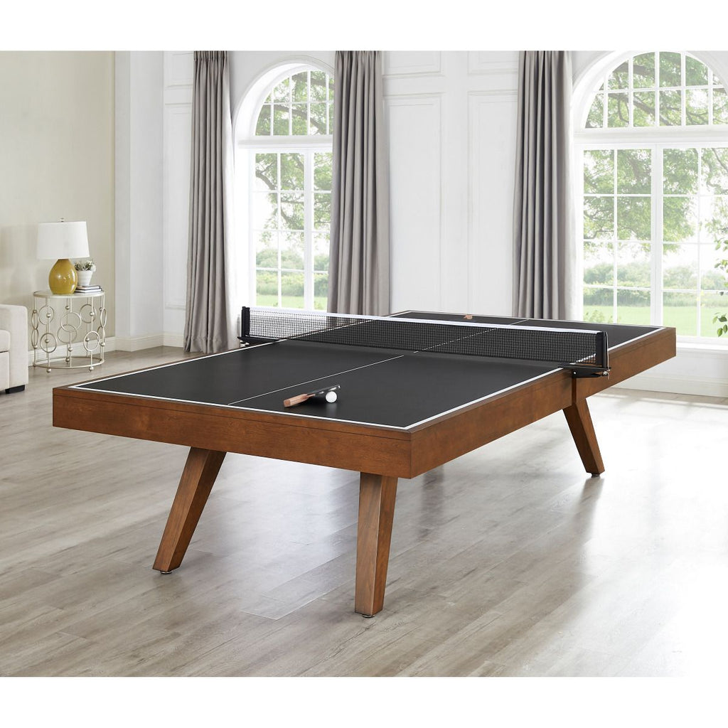oslo table tennis black top and whiskey finish with 4 individual wood legs with racket on top