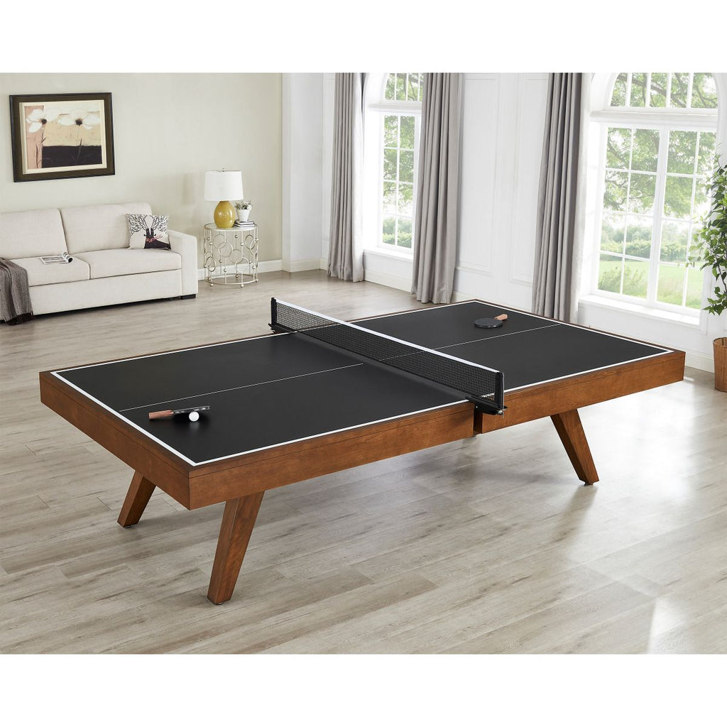 overhead view of oslo table tennis black top and whiskey finish with 4 individual wood legs
