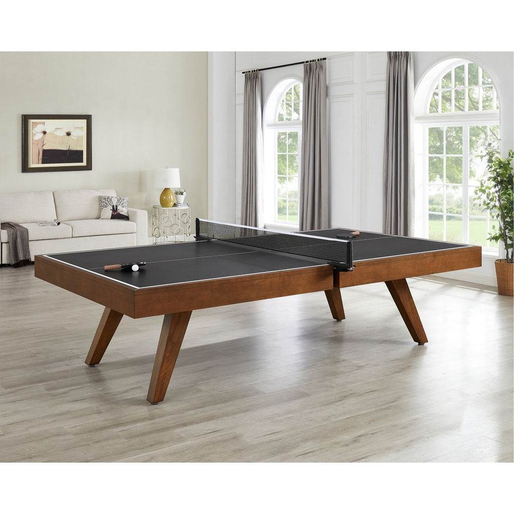 side view of oslo table tennis black top and whiskey finish with 4 individual wood legs