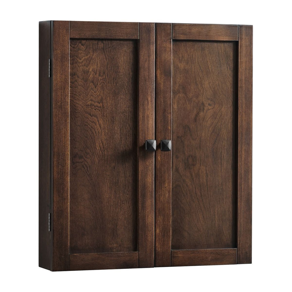 Brown dartboard cabinet closed with dark hardware handle
