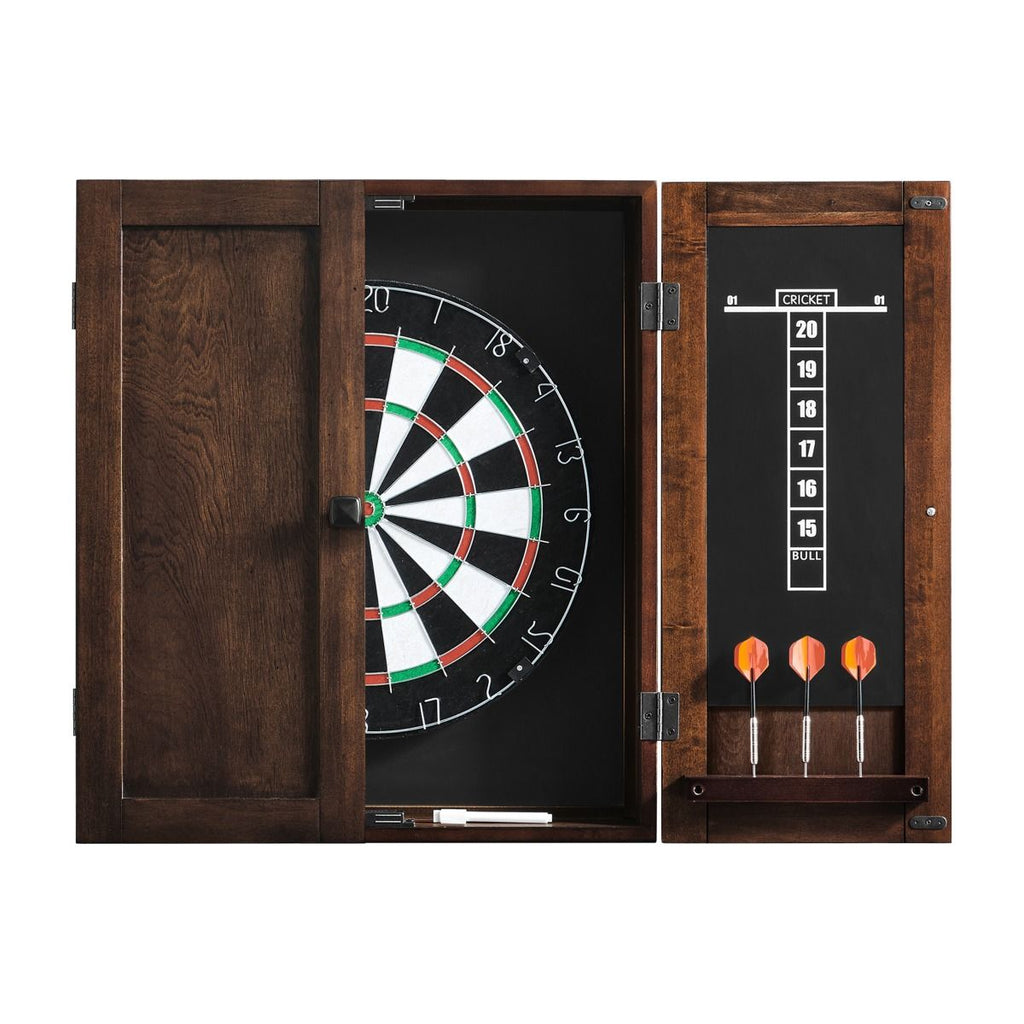Dartboard cabinet half open showing door on left side and dartboard and scoreboard on right side