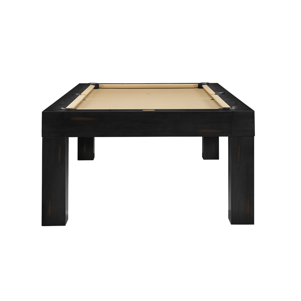 Alta pool table on white background with peppercorn finish end view with camel felt