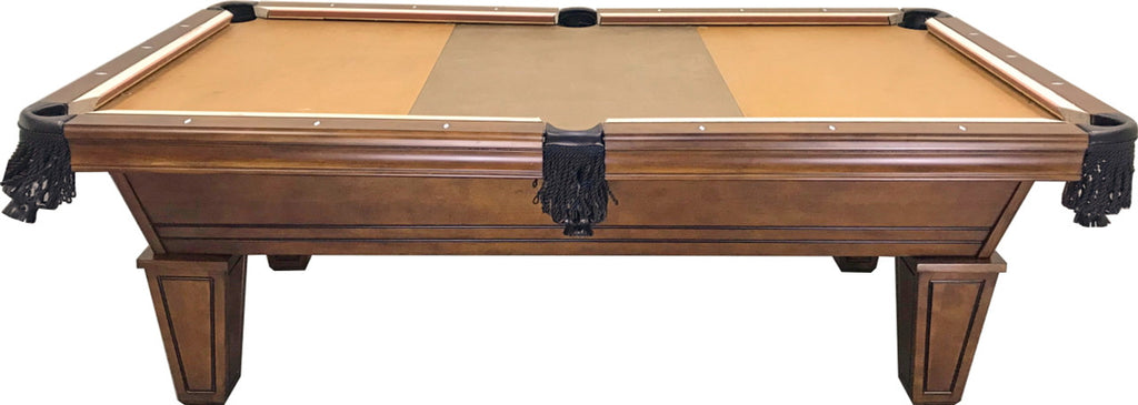 Side view of carrigan pool table with golden colored cloth and fringe pockets