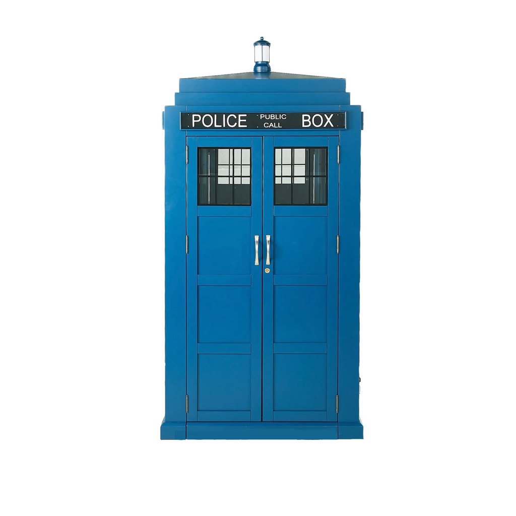 Front view of blue police box with fresh bars