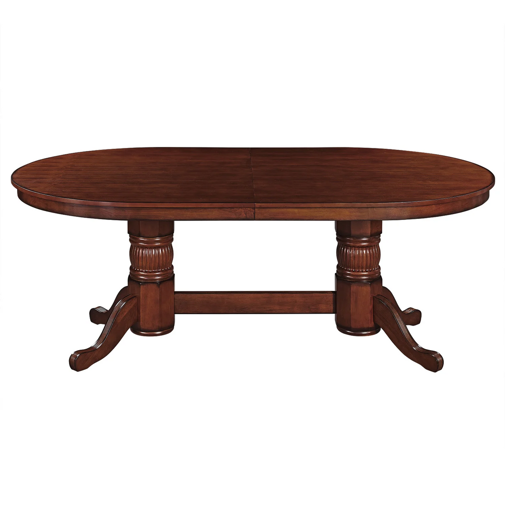 Texas hold em table in chestnut finish with black table top and half of the chestnut dining top