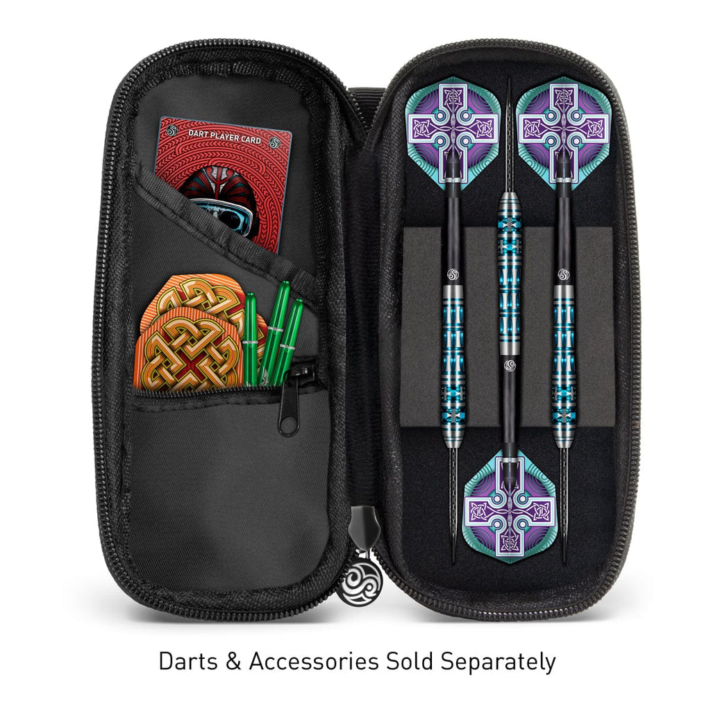 inside of dart case with assembled darts and extra supplies