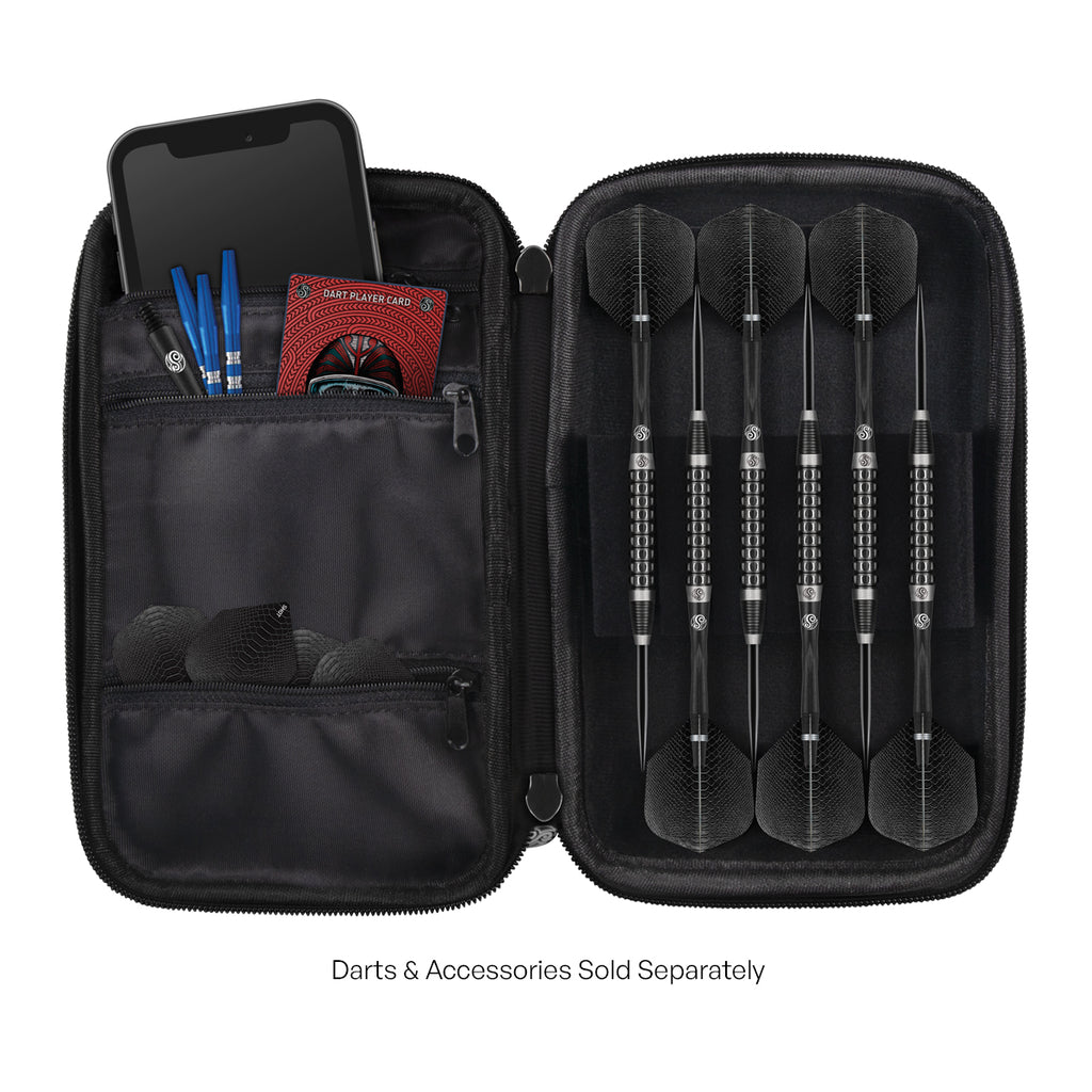 Dart case with loaded 6 darts plus accessories and a phone