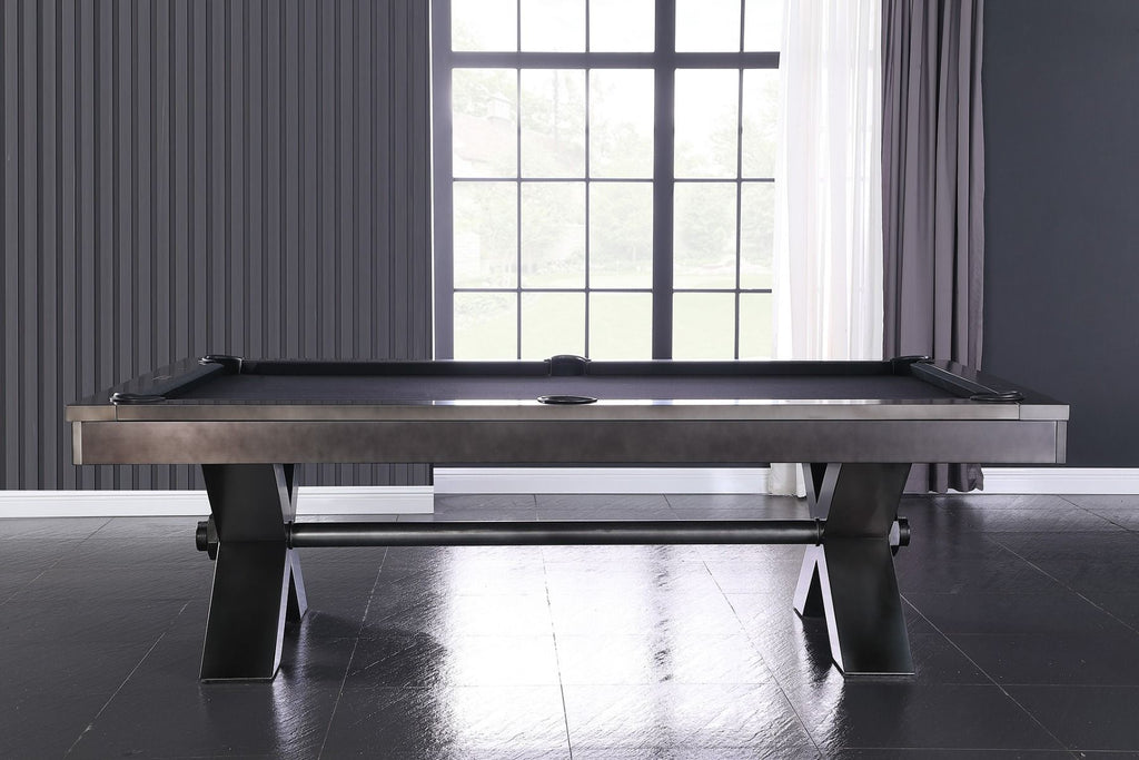 Vox stainless steel pool table in room from side and charcoal felt