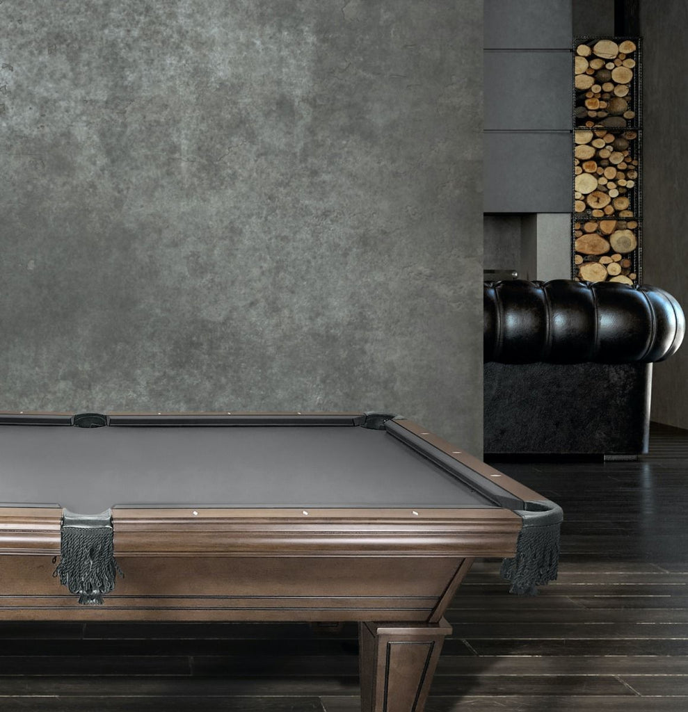 Carrigan pool table in room with charcoal felt and fringe pocket 