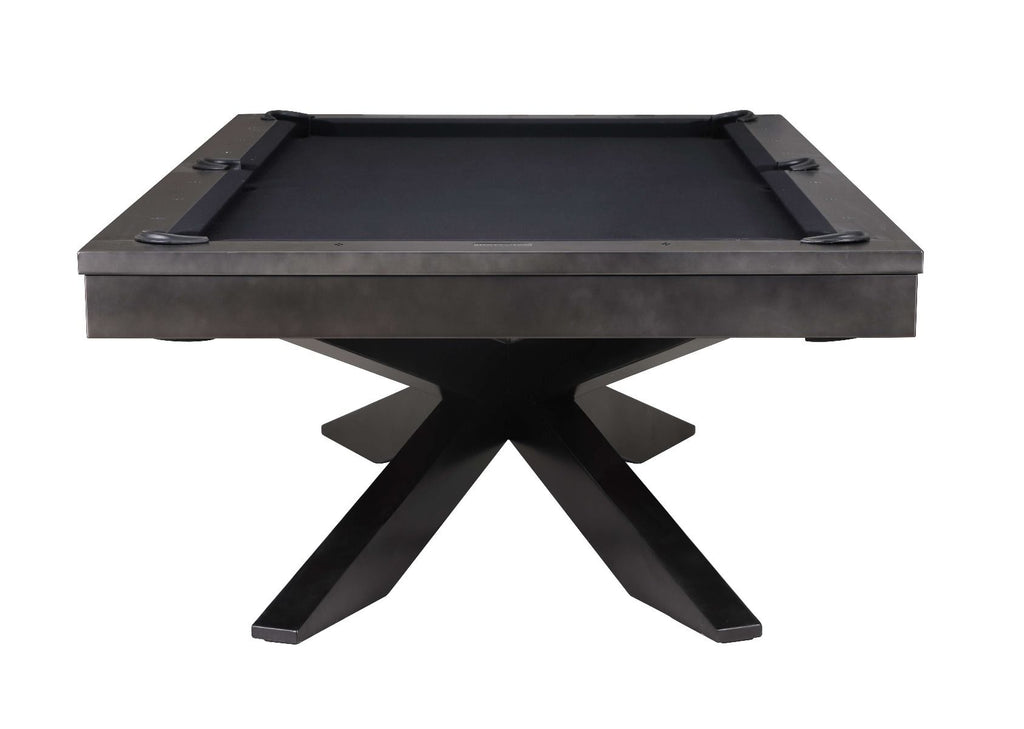 end view of felix pool table showing black felt with 