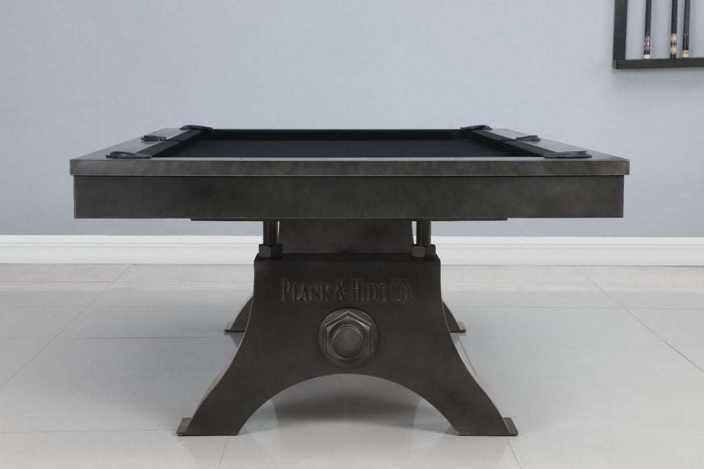 Jaxx pool table from side showing nut and bolt details on legs