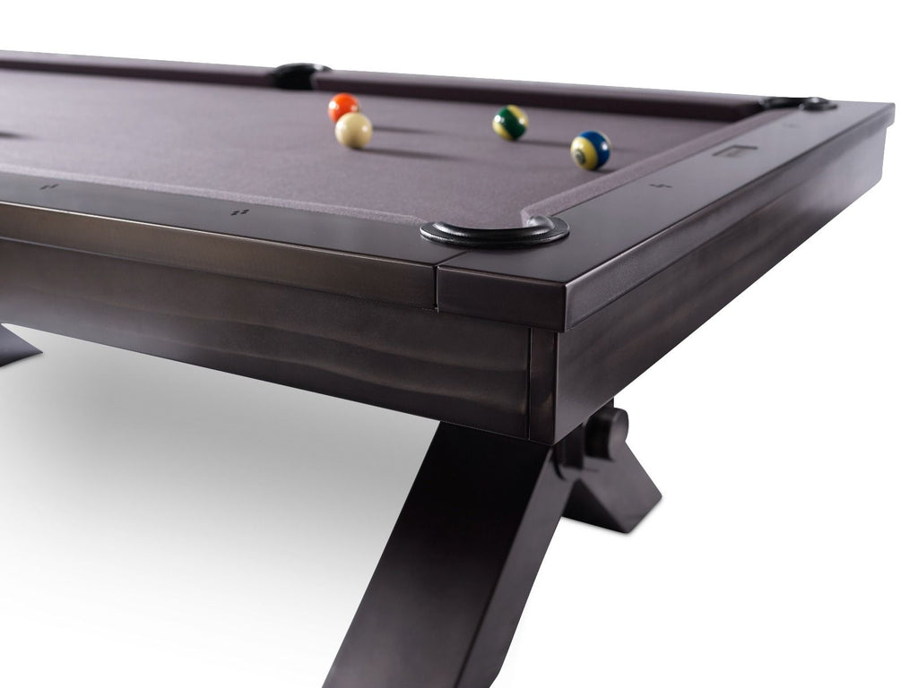 Top rail of vox pool table with felt and balls on table