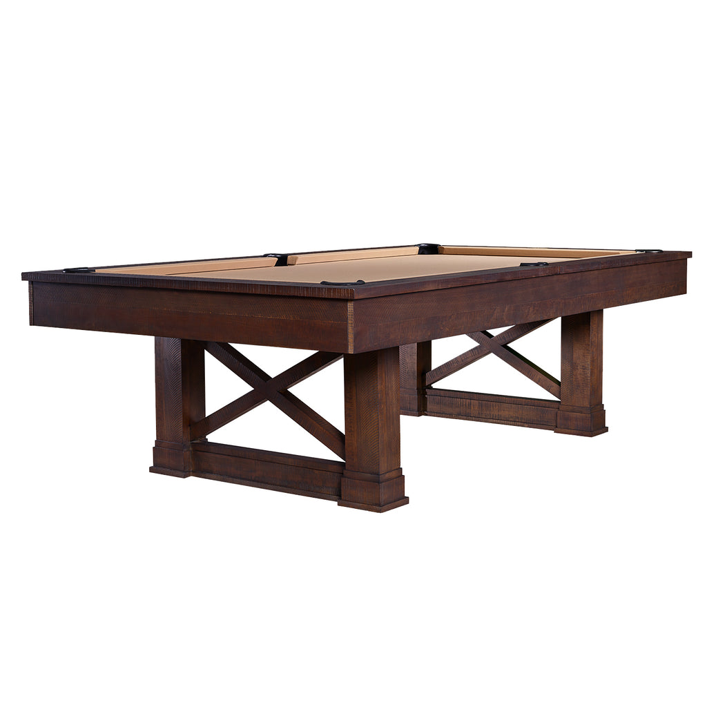 camden pool table in cappuccino finish with tan felt side view showing latticed legs from left