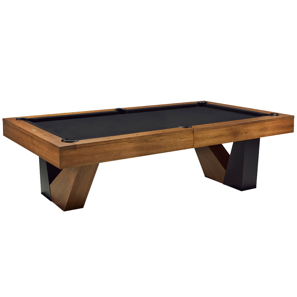 Annex pool table in walnut finish with black felt white background