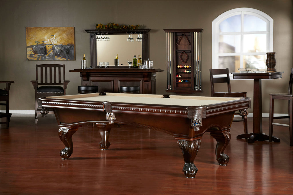 Marietta pool table in room with hardwood floor and khaki cloth