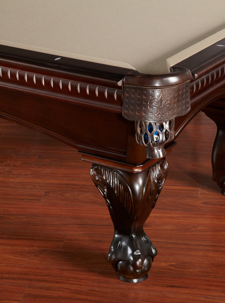 closeup of sierra finish with fleur de lis pocket and ball and claw leg\