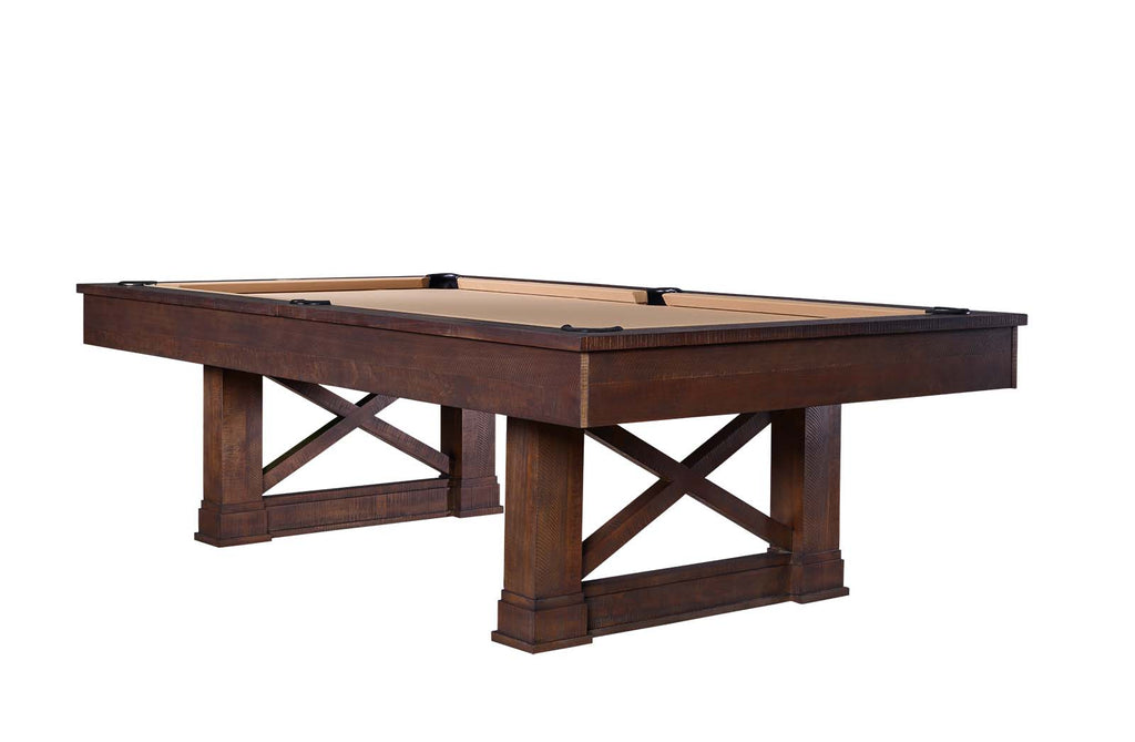 camden pool table in cappuccino finish with tan felt side view showing latticed legs from right