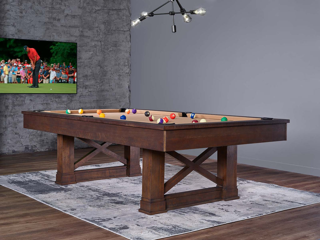 camden pool table in cappuccino finish with tan felt in room on rug
