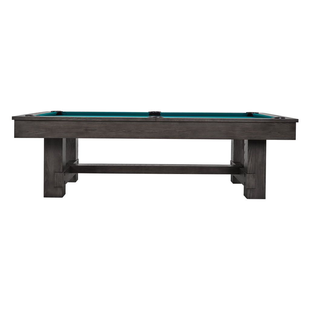 Montana pool table in charcoal finish with green cloth  from side view