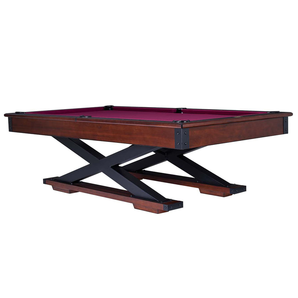Glacier pool table with criss crossed base in navajo finish with black felt