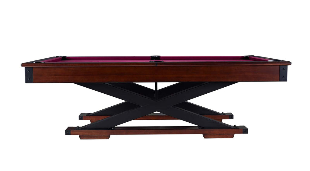Glacier pool table with criss crossed base in navajo finish with wine felt side view