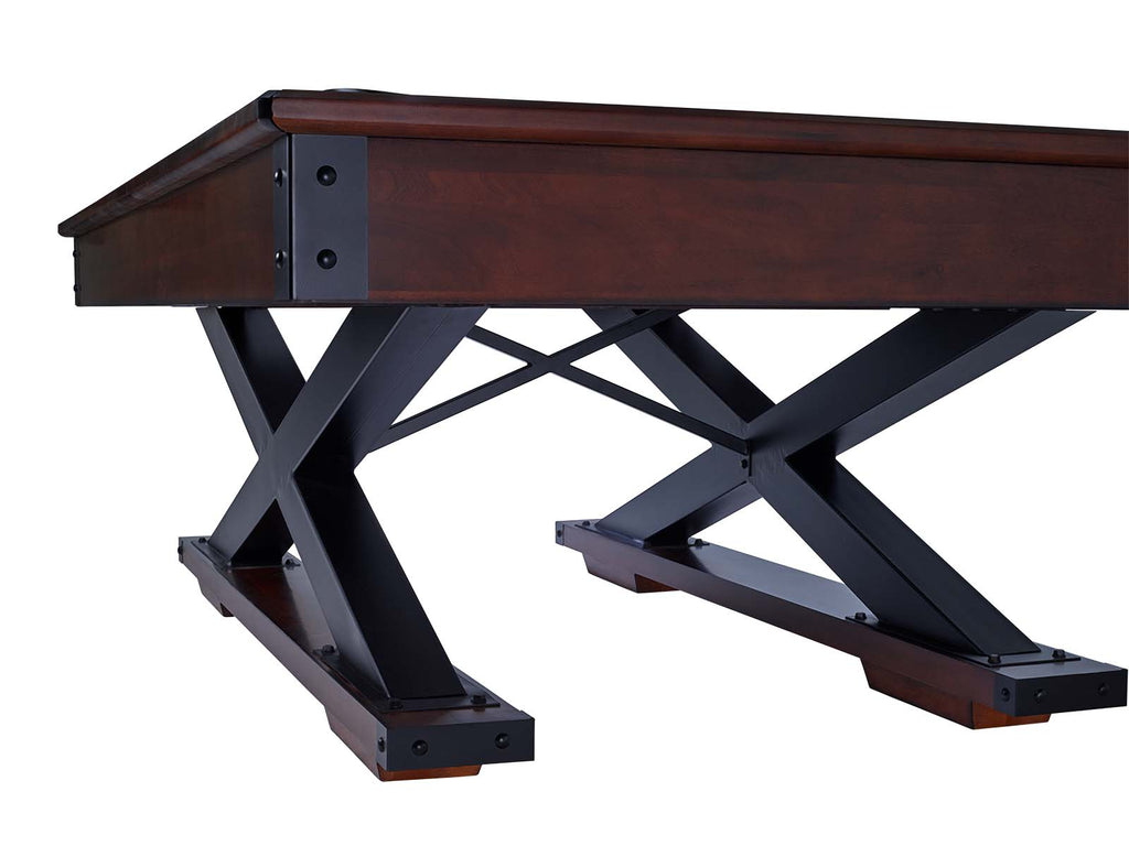 Glacier pool table with criss crossed base in navajo finish with legs view from side