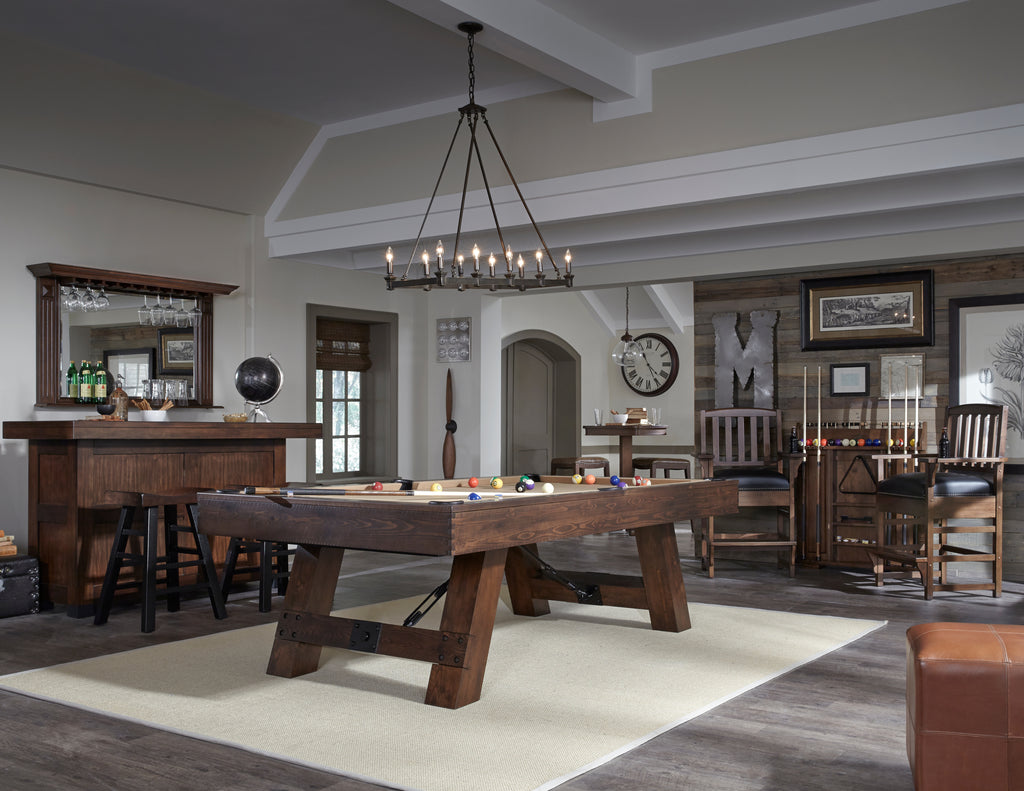 Savannah pool table in room with chandelier with camel tan felt 