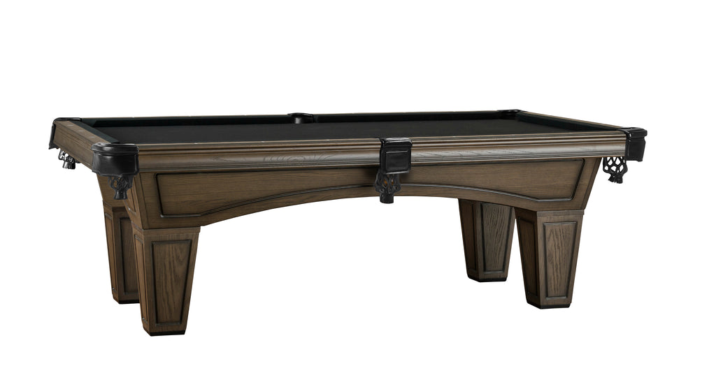 Pool table with black felt and tapered leg with black shield pockets