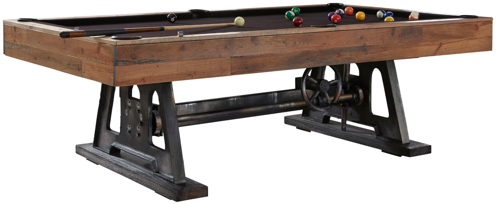 Da Vinci pool table in reclaimed wood finish with metal base and purple wine felt 