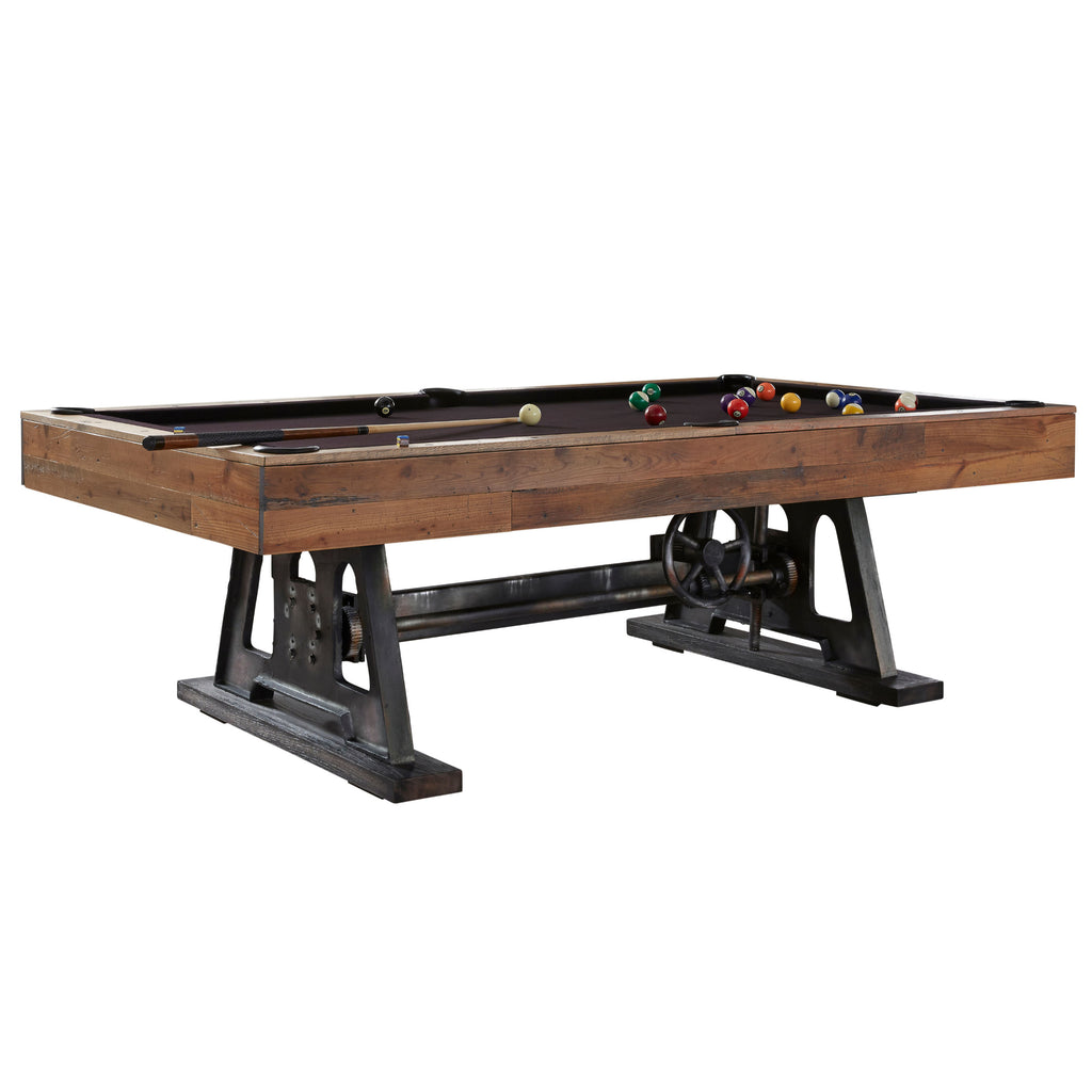 Da Vinci pool table in reclaimed wood finish with metal base and purple wine felt overall