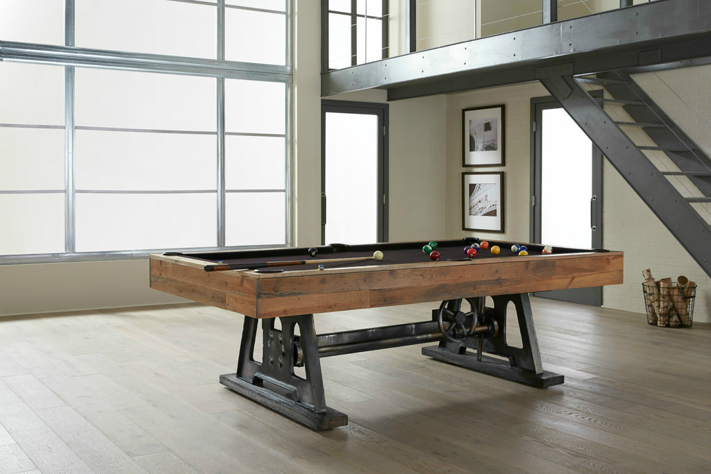 Da Vinci pool table in reclaimed wood finish with metal base and purple wine felt in room