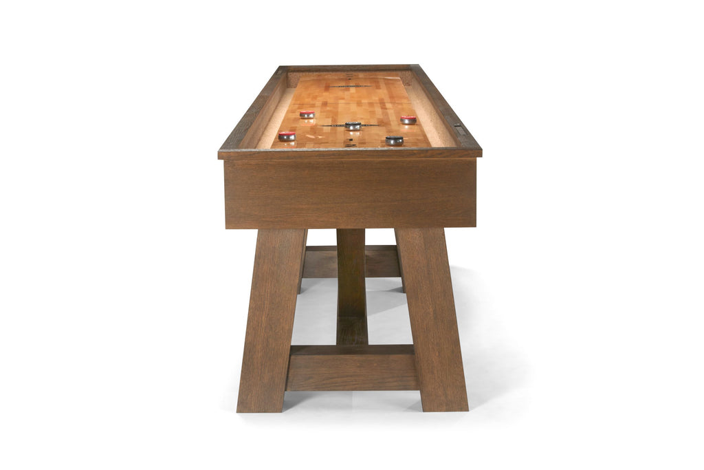 End view of botanic pool table in rustic dark brown finish