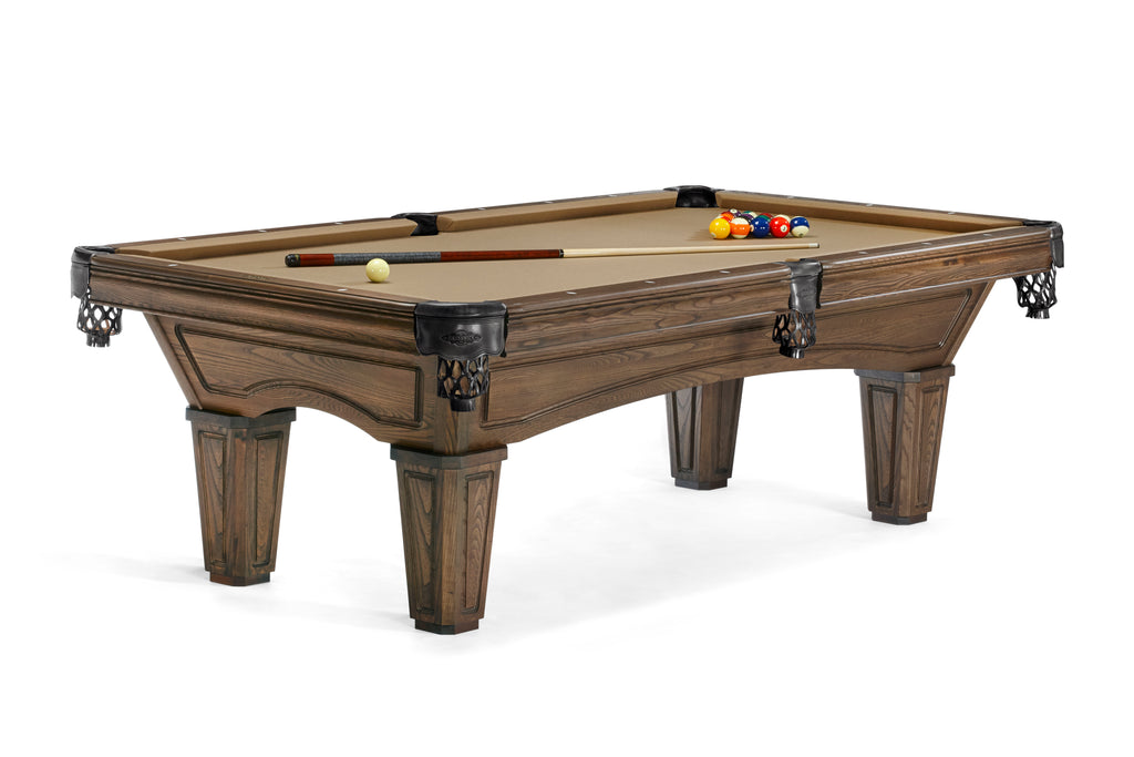 Tapered leg pool table incoffee finish with black brunswick shield pocket