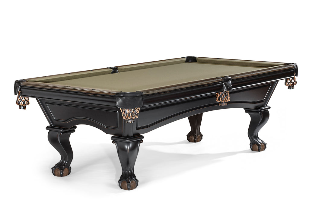 Two toned coffee and black glenwood pool table with talon ball and claw legs and olive felt