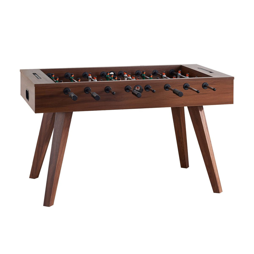 foosball table brown finish with black handles on a white background