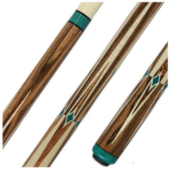 Bocote wood with maple points and forearm and jade green accents on the collar and butt. 