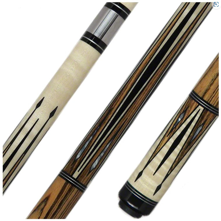 Maple handled pool cue with ebony framed points and long maple points. Small abalone diamond inlays