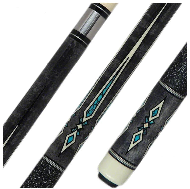 pool cue with smoke grey stained handle and turqoise colored points and details with ebony lined inlay