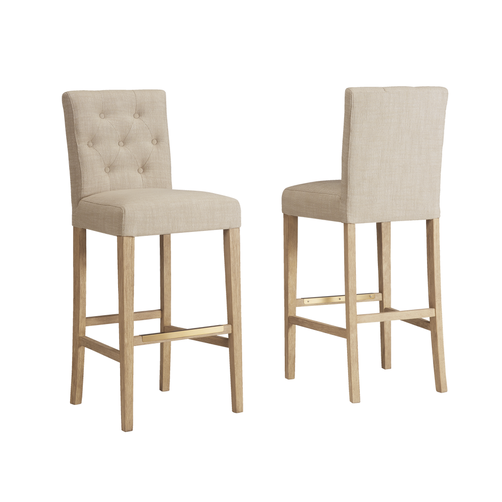 set of 2 white oak barstools with linen cushions