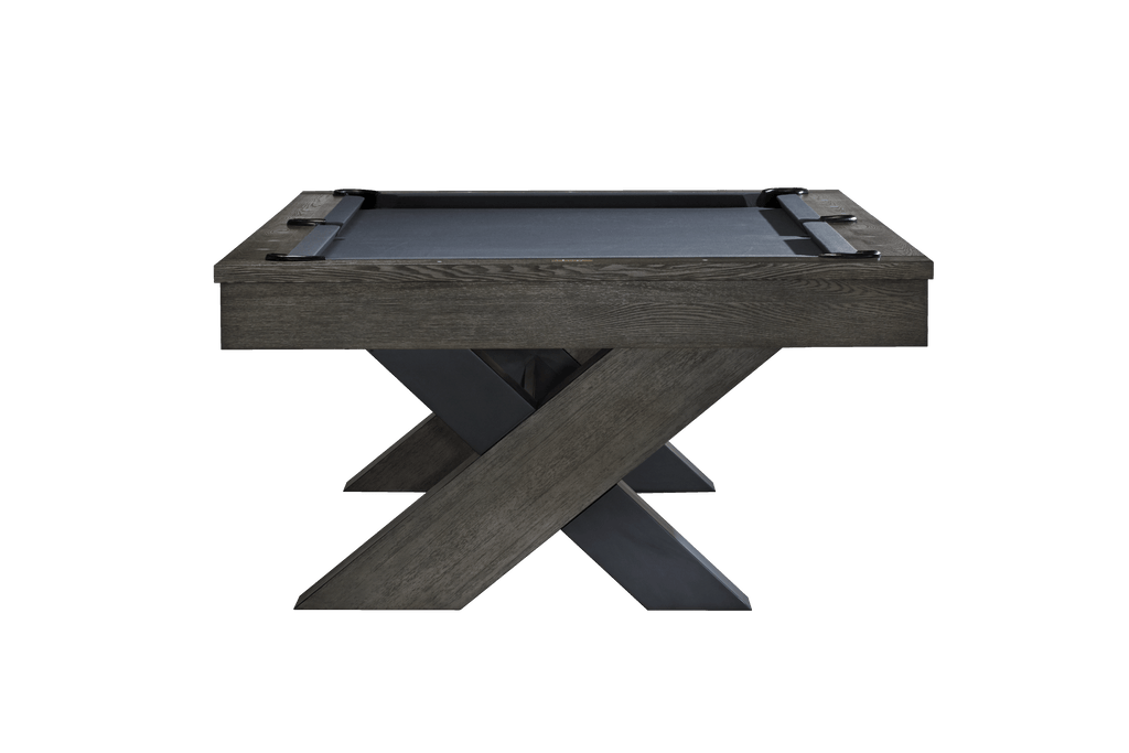 halifac pool table with black and charcoal legs and grey cloth side view