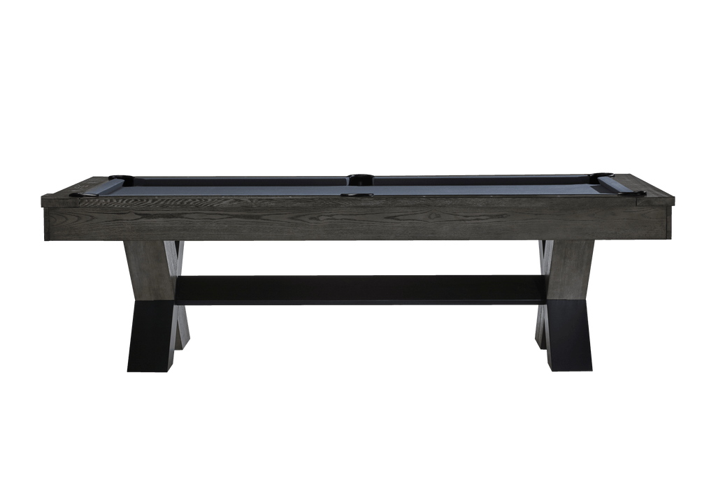 halifac pool table with black and charcoal legs and grey cloth end view