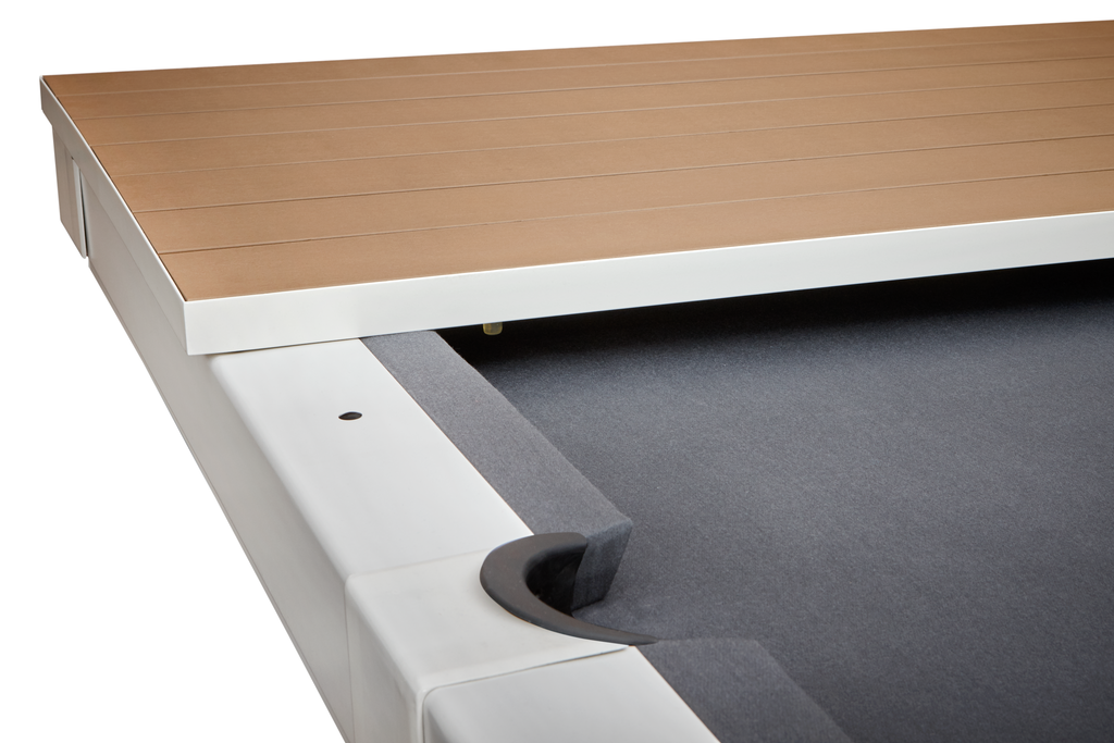 Lanai pool table with white finish and one piece of dining top with grey finish